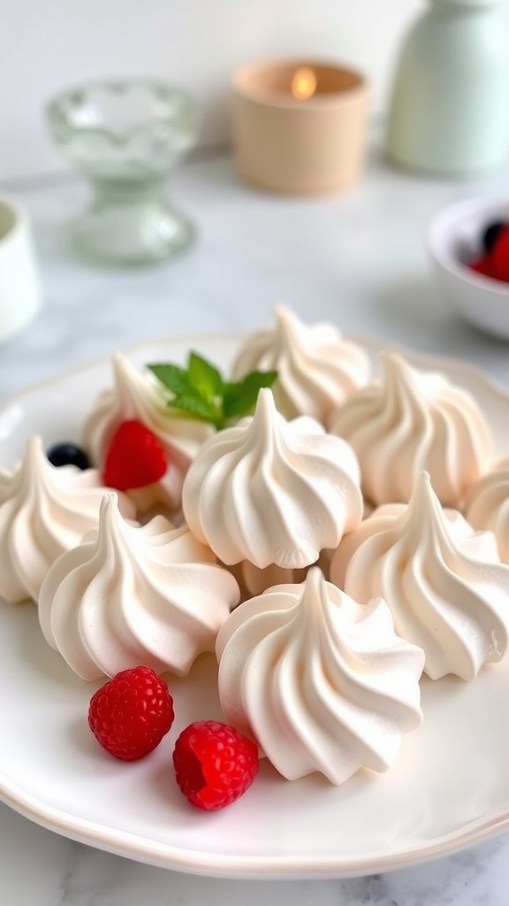 Classic Egg White Meringue Recipe A plate of baked meringue cookies with berries and mint, set in a cozy kitchen.